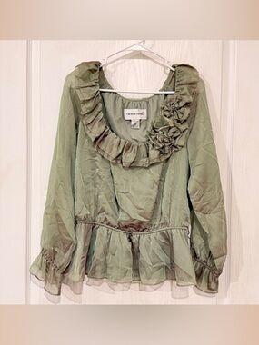 FINAL PRICE Victor Costa Olive Green Ruffled Off-Shoulder Peplum Blouse